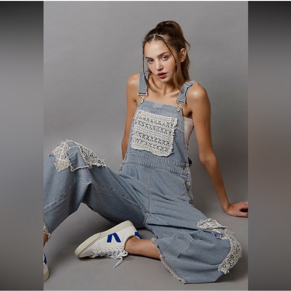 NEW POL : Adorable Blue Denim Overalls with unique Patchwork - Picture 2 of 4